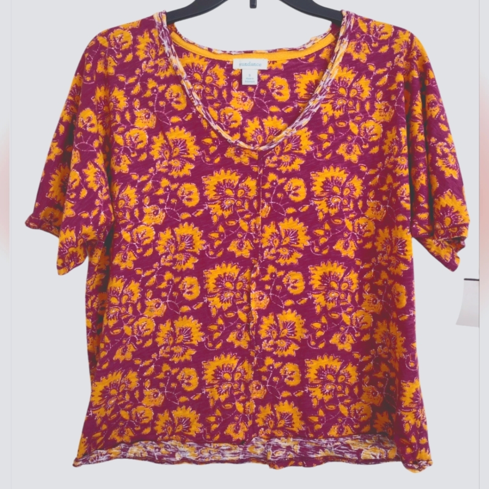 Sundance Vienna Cotton Tshirt Orchid Orange Floral Print Raw Hem Size Sm…